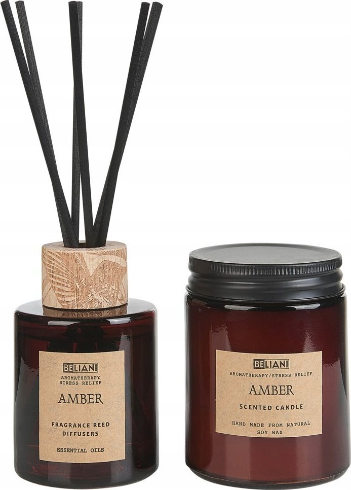 Beliani Zestaw zapachowy świeca sojowa i dyfuzor z patyczkami złoty bursztyn DARK ELEGANCE