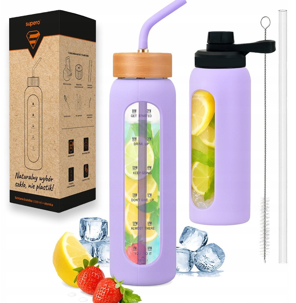 Szklana butelka na wodę 1l motywacyjna z ustnikiem i dwoma słomkami Supero, fioletowa