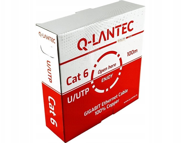 Q-Lantec Kabel U/UTP kat.6, sieciowy, skrętka, PVC, Eca 4PR, 1Gb/s (10Gb/s do 55m), gwarancja 10 lat, szary, 100m - (KIU6PVC100Q)