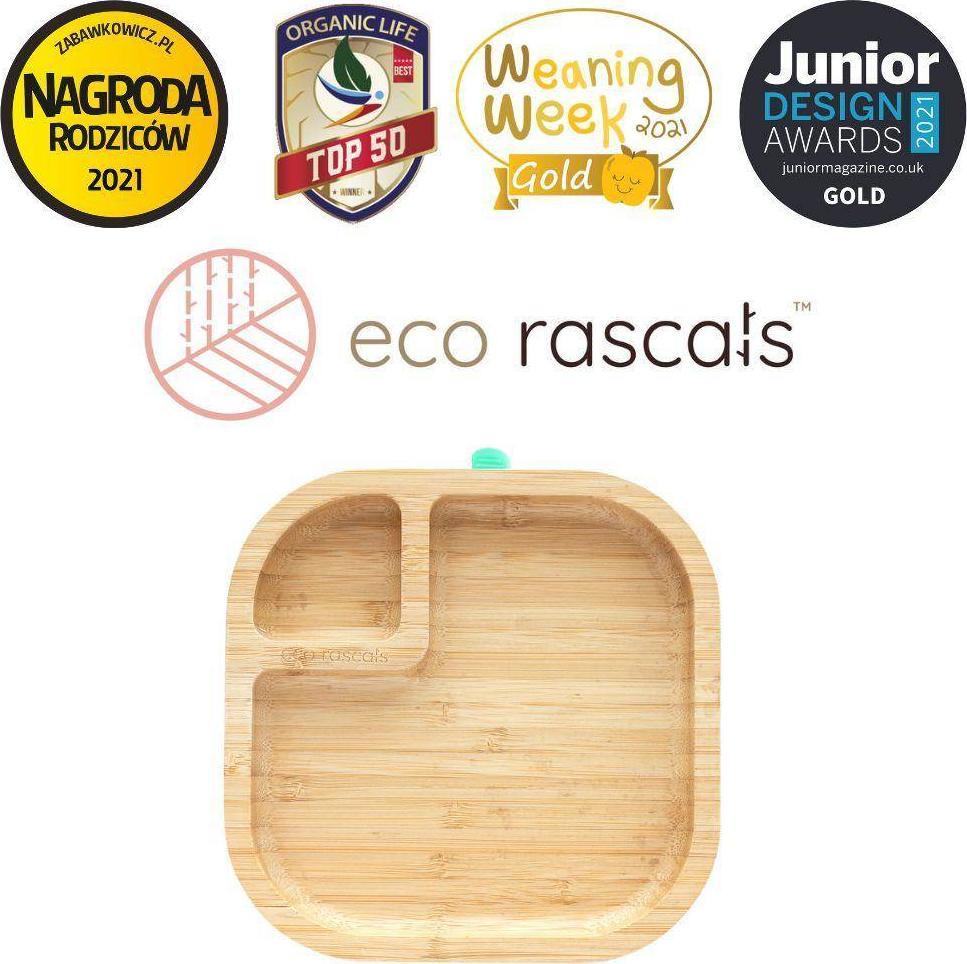 ECO RASCALS ECORASCALS Talerzyk bambusowy baby kwadrat z zielonąprzyssawką one size