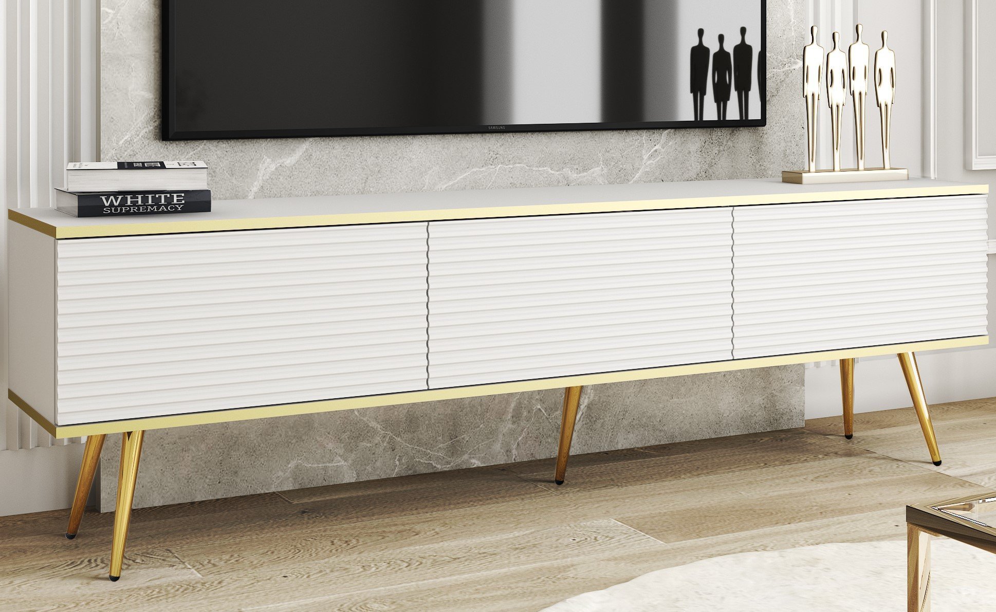 Meble Lindner Szafka RTV Komoda Glamour Biały Mat Nogi złote metalowe Ryflowane fronty 175 cm