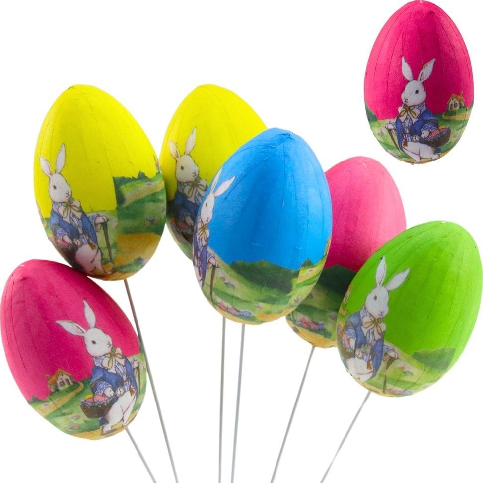 Jajka Wielkanocne Na Piku Druciku Zajączek z Koszyczkiem Ozdoba 6szt LEAN