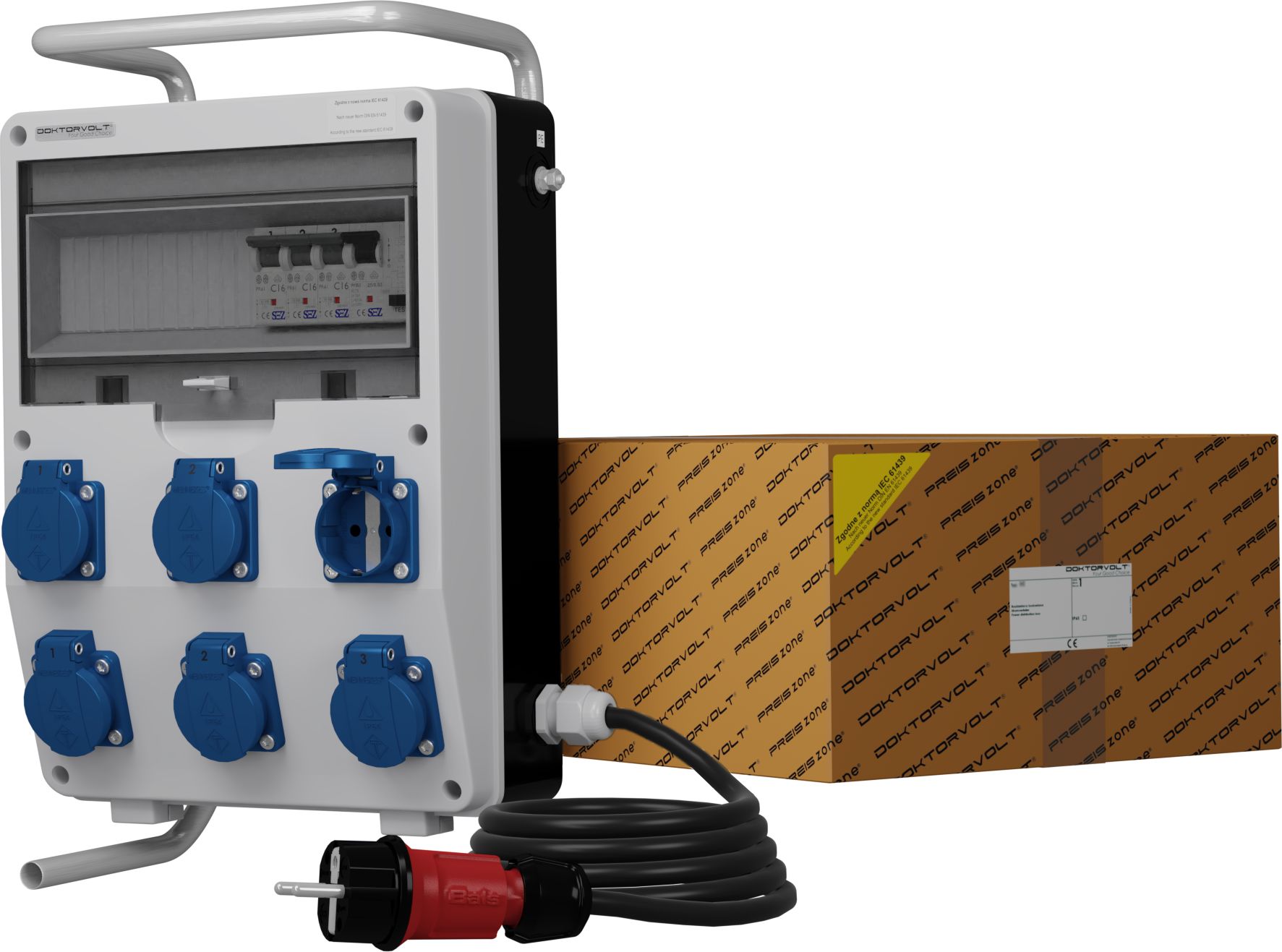 Doktorvolt Rozdzielnica budowlana na stojaku z kablem TD-S/FI SKHU 6x230V Schuko Doktorvolt 9351