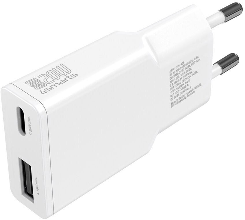 Ładowarka 4smarts Ładowarka sieciowa PDPlug Slim Duos 20W GaN USB-C+USB-A + kabel USB-C 1.5m biały