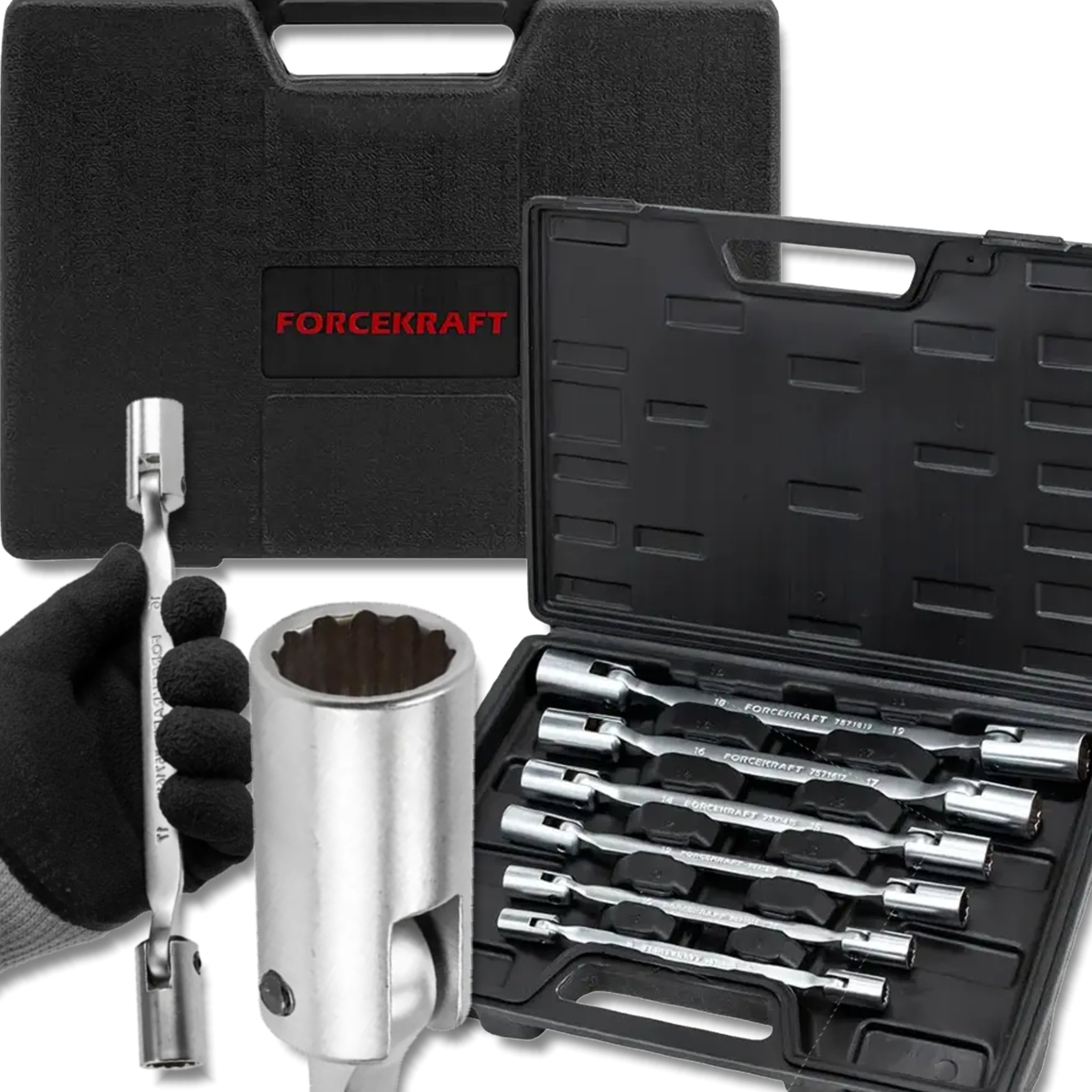 FORCEKRAFT Zestaw KLUCZY nasadowo-przegubowych 6 ELEMENTÓW 8-22mm + WALIZKA