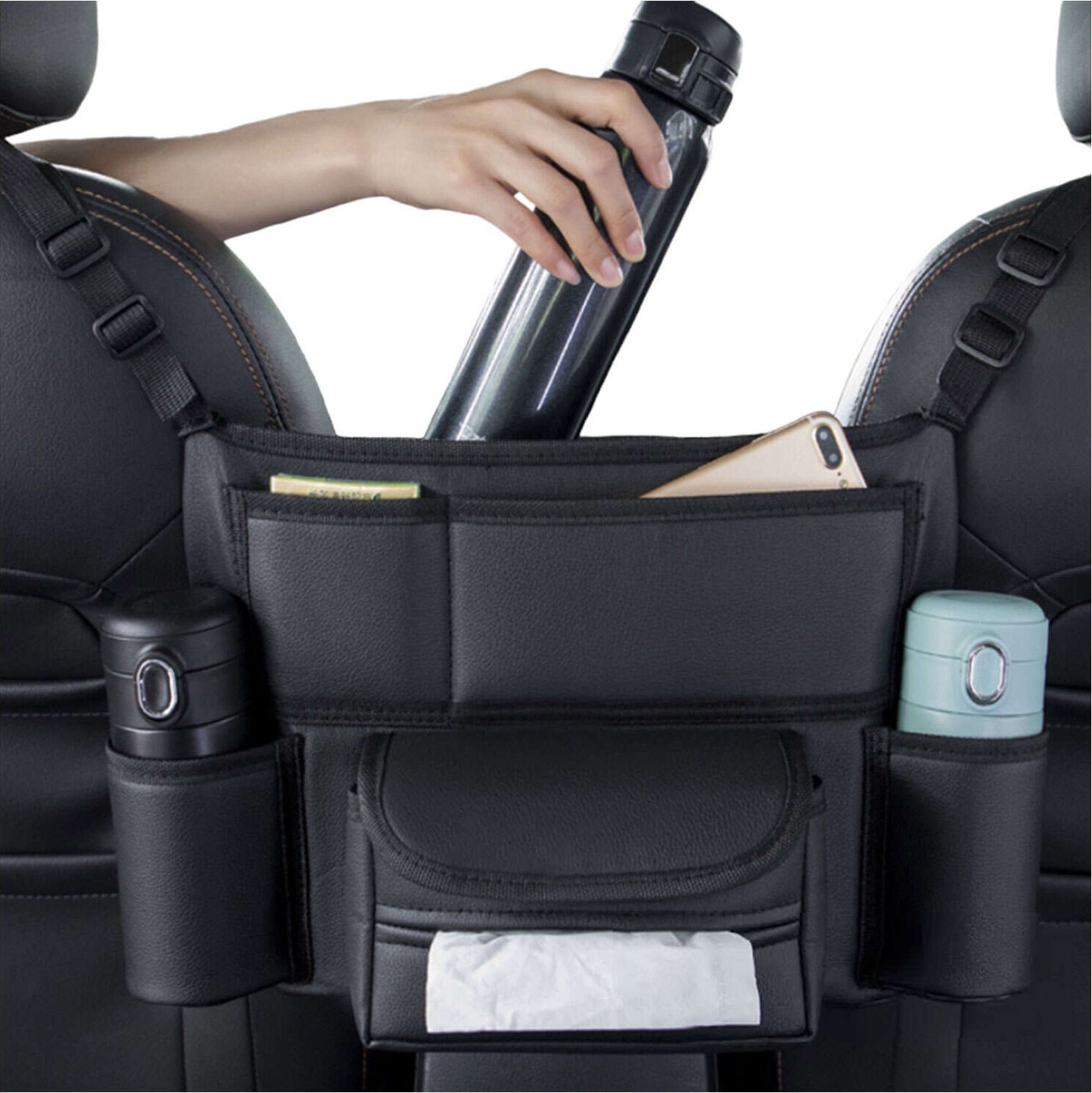 Alogy Organizer samochodowy do auta między fotel siedzenie samochodowe Car uchwyt na napoje chusteczki Czarny