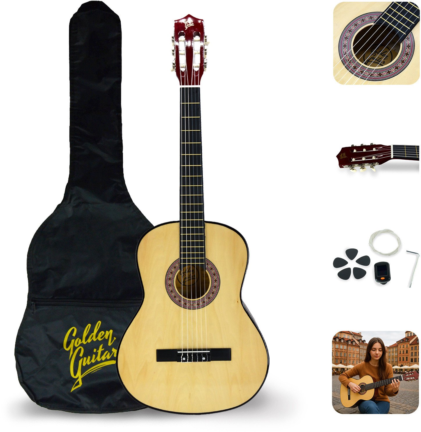 Gitara klasyczna 39" 4/4 naturalna+ akcesoria GK39NAT Golden Guitar one size