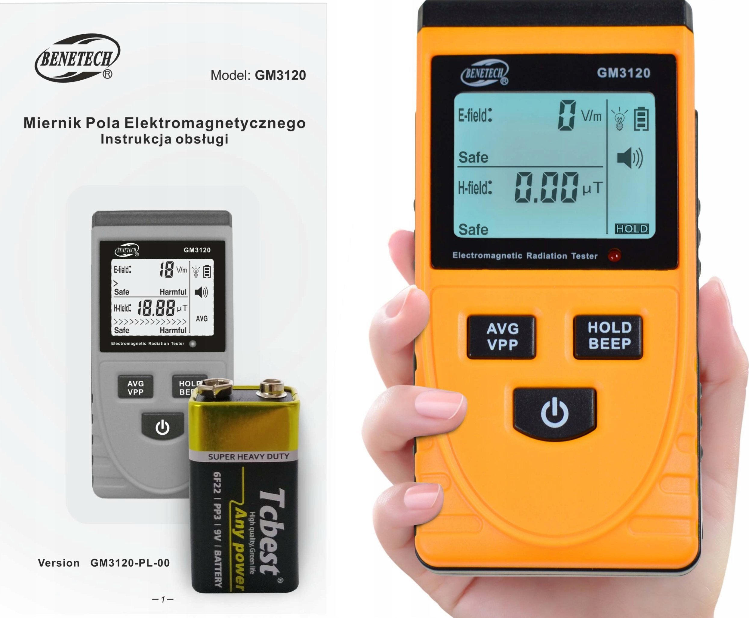 Benetech MIERNIK POLA ELEKTROMAGNETYCZNEGO TESTER FAL - 1999V/m, 100uT - CE 5G