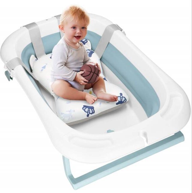 Wanienka dla dzieci składana 35 L dla niemowląt, z termometrem i poduszką biało-niebieska UNIWERSALNY
