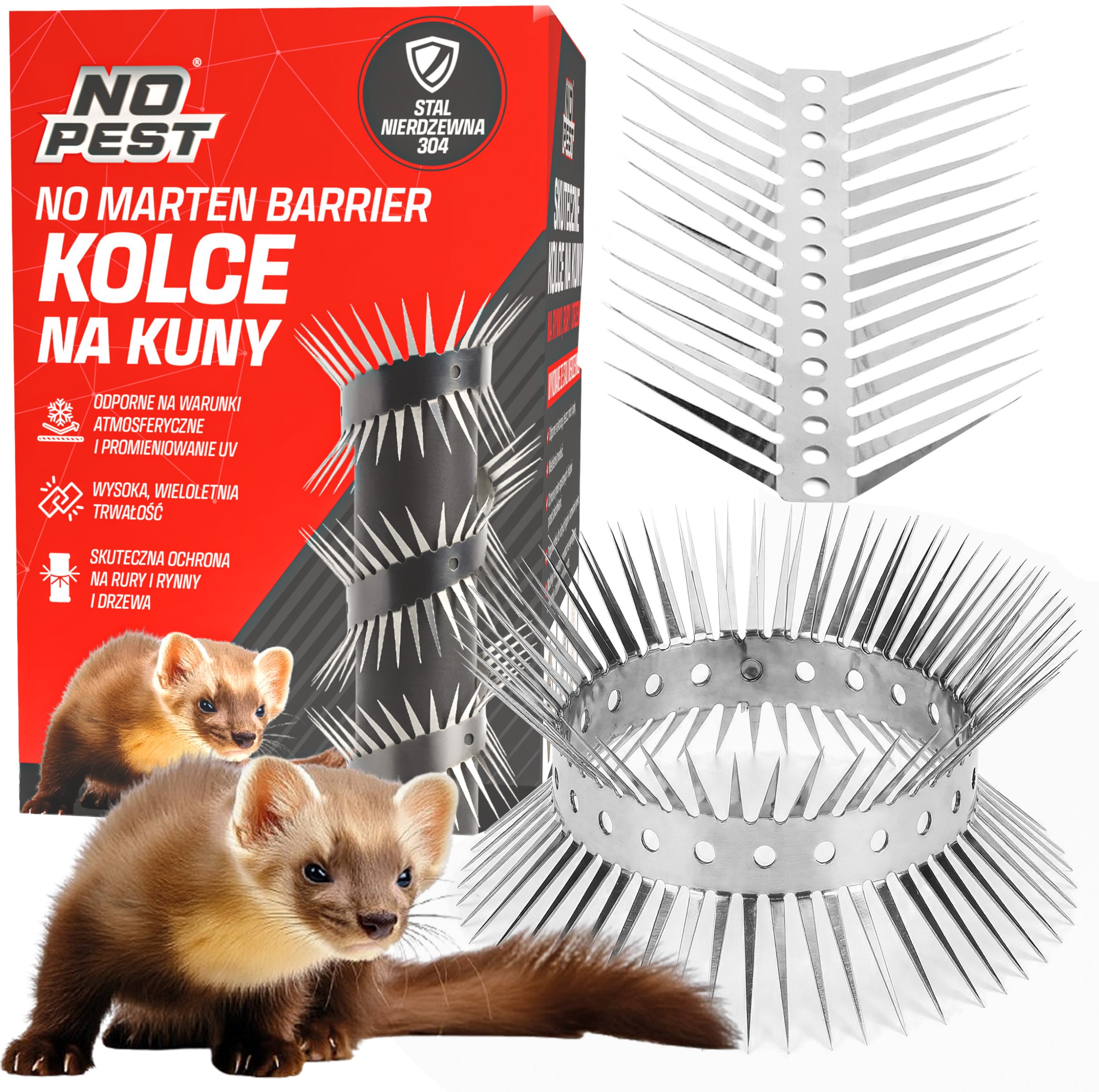 Nierdzewne Stalowe Kolce na Kuny Łasice Lisy do Odstraszania Kun na Rynny Rury Słupy Drzewa "No Marten Barrier"