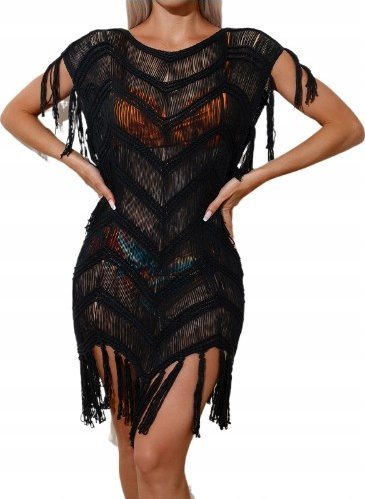 Pareo Na Plażę Sukienka Zwiewna Luźna Narzutka Boho Czarna Na Lato Frędzle