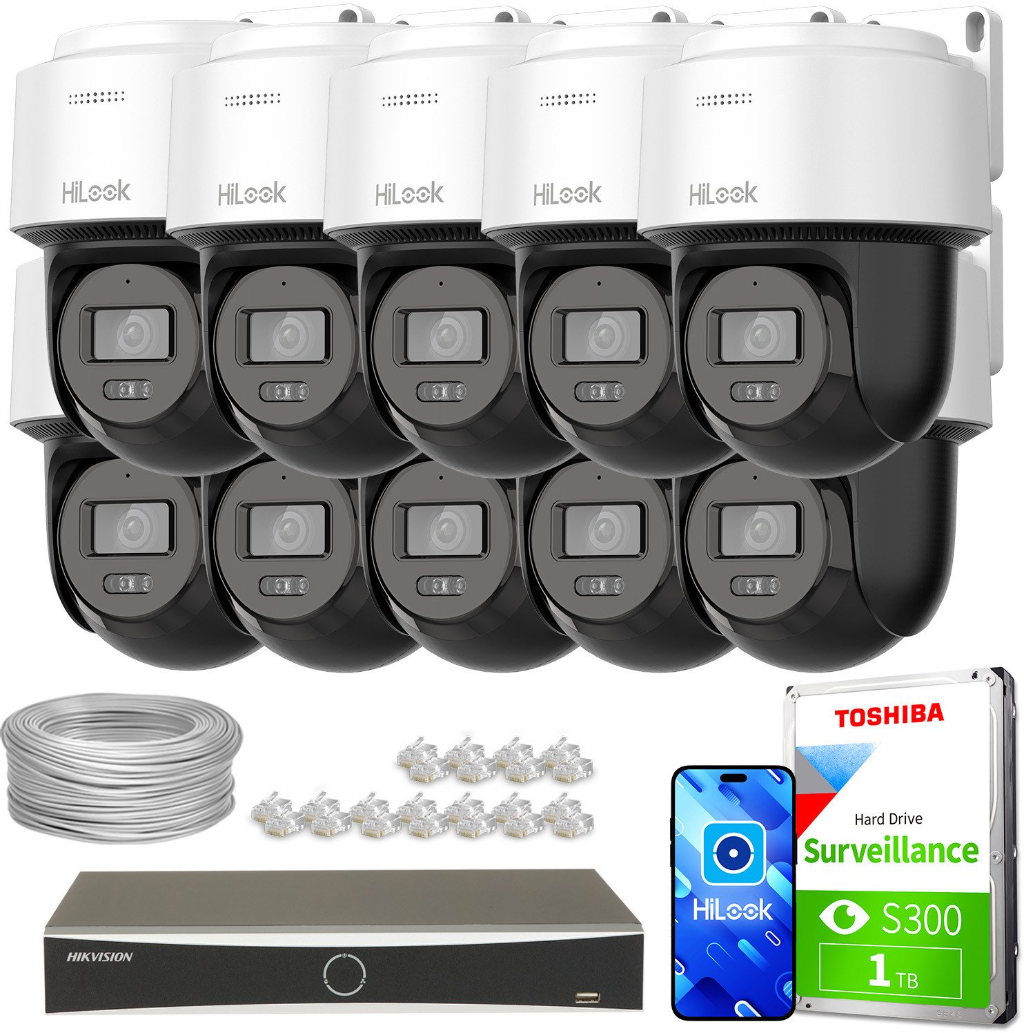 Zestaw do Monitoringu 10x PTZ-N4MP-P DS-7616NXI-K2/16P(D) 4Mpx, IR30 HiLook by Hikvision