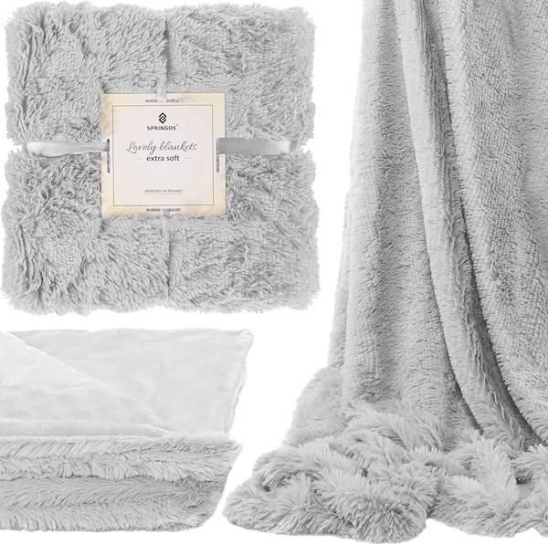 Springos Narzuta na łóżko, pled 220x240 cm dwustronny koc na kanapę jasny szary UNIWERSALNY