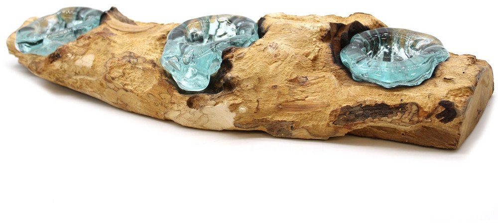 Szklany Świecznik Wtopiony w Drewno - Potrójny