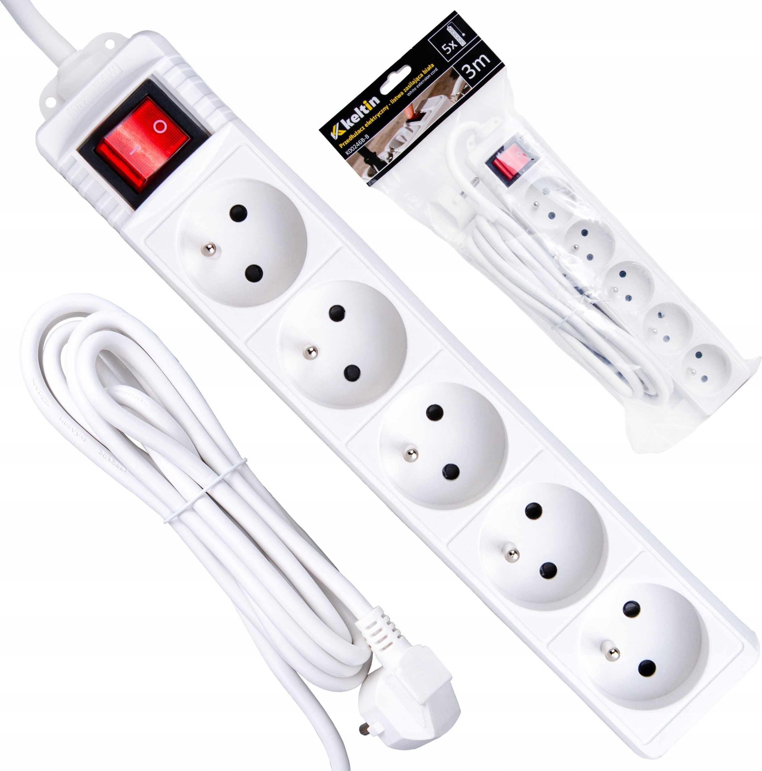 KELTIN Przedłużacz elektryczny – listwa zasilająca biała 5 gniazd 3m (40)