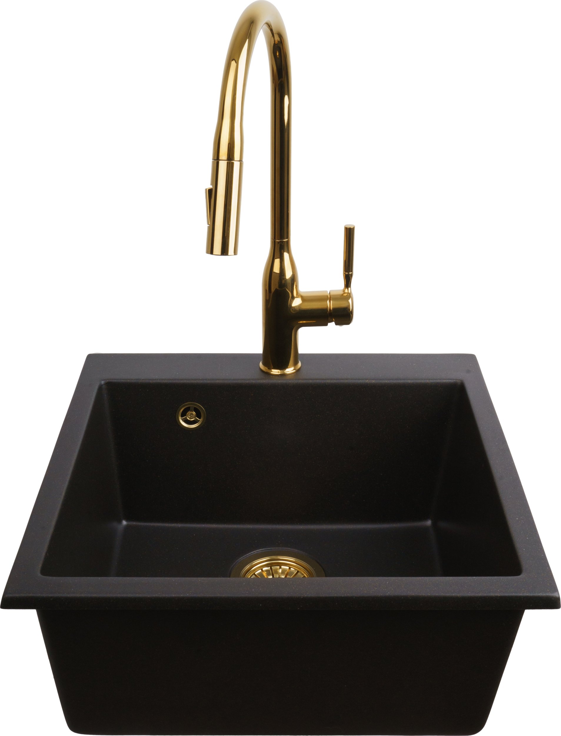 Zlewozmywak PREHNIT Zlewozmywak jednokomorowy FORTINA złoty metalik + bateria złota ROXY z wyciąganą wylewką