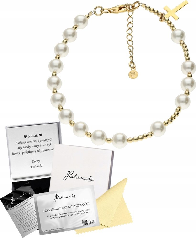 Radziszewska Jewellery Perłowy Różaniec Bransoletka Złota Krzyżyk Prezent Biżuteria Srebro 925