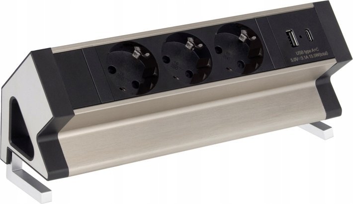 Ilgiklis montuojamas ant plokstes krasto DESKBOX, 3x Schuko, 1x USB A, 1x USB-C su 1.8m ilgio laidu Design Light