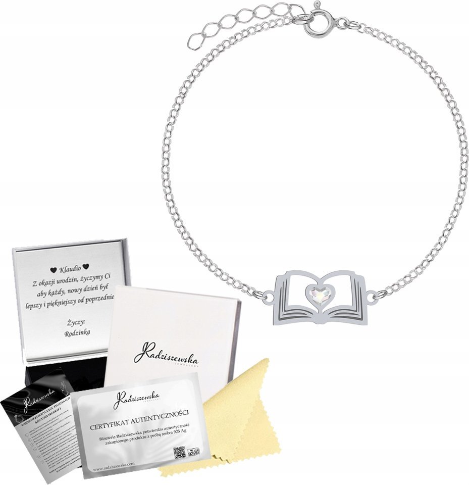 Radziszewska Jewellery Bransoletka z Książką SREBRO 925 Łańcuszek Prezent Kobieta DEDYKACJA GRATIS