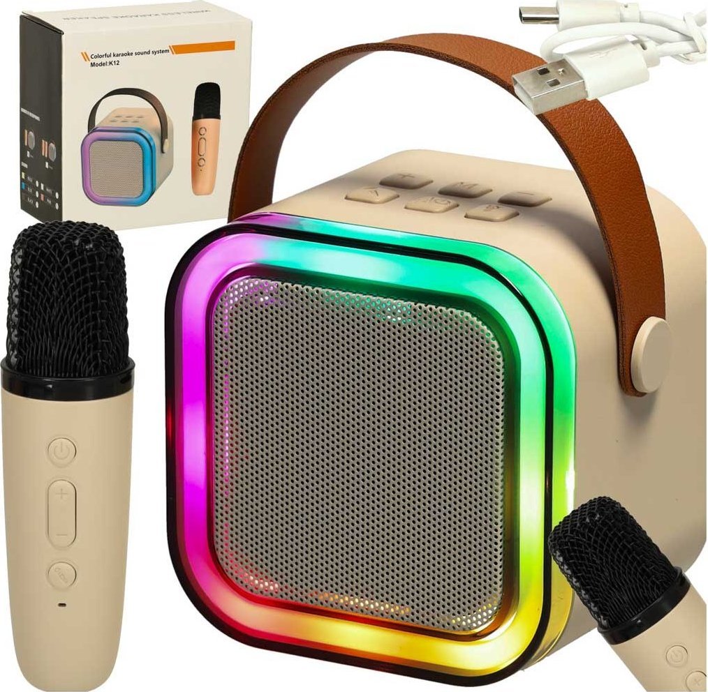 Zestaw do karaoke mikrofon + głośnik przenośny BLUETOOTH USB LED beżowy Kik sp. z o.o. sp. k.