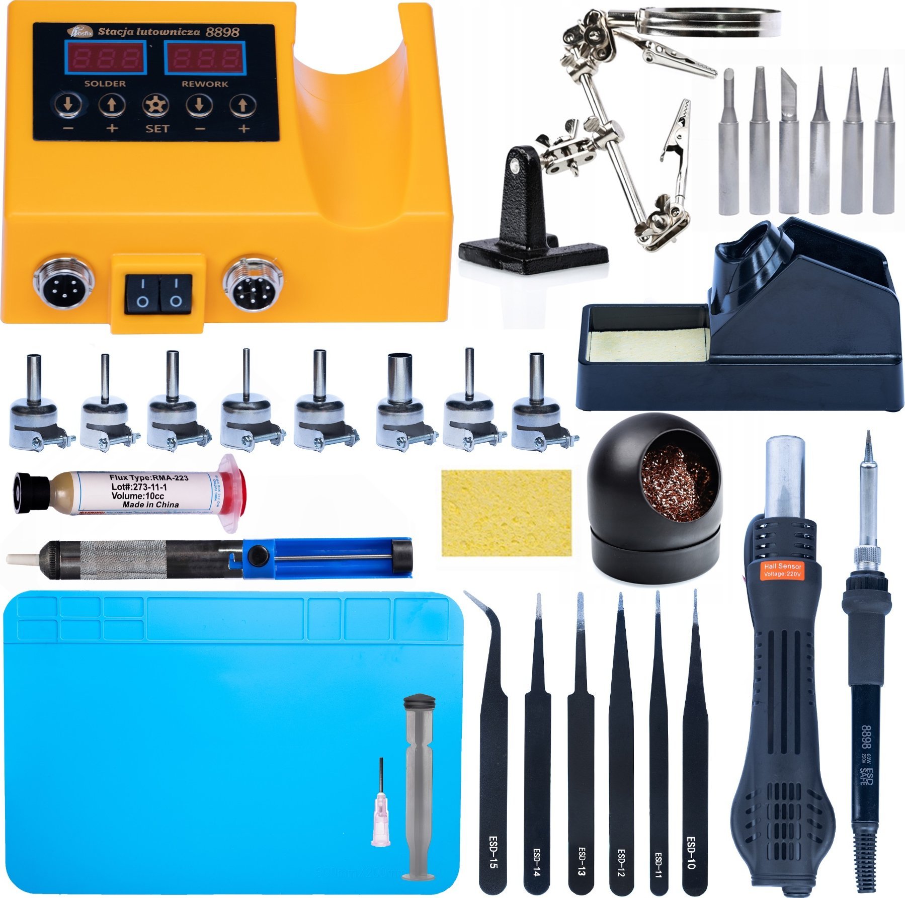 Rosfix STACJA LUTOWNICZA GROTY DYSZE ODSYSACZ TRZECIA RĘKA TOPNIK PĘSETA CZYŚCIK