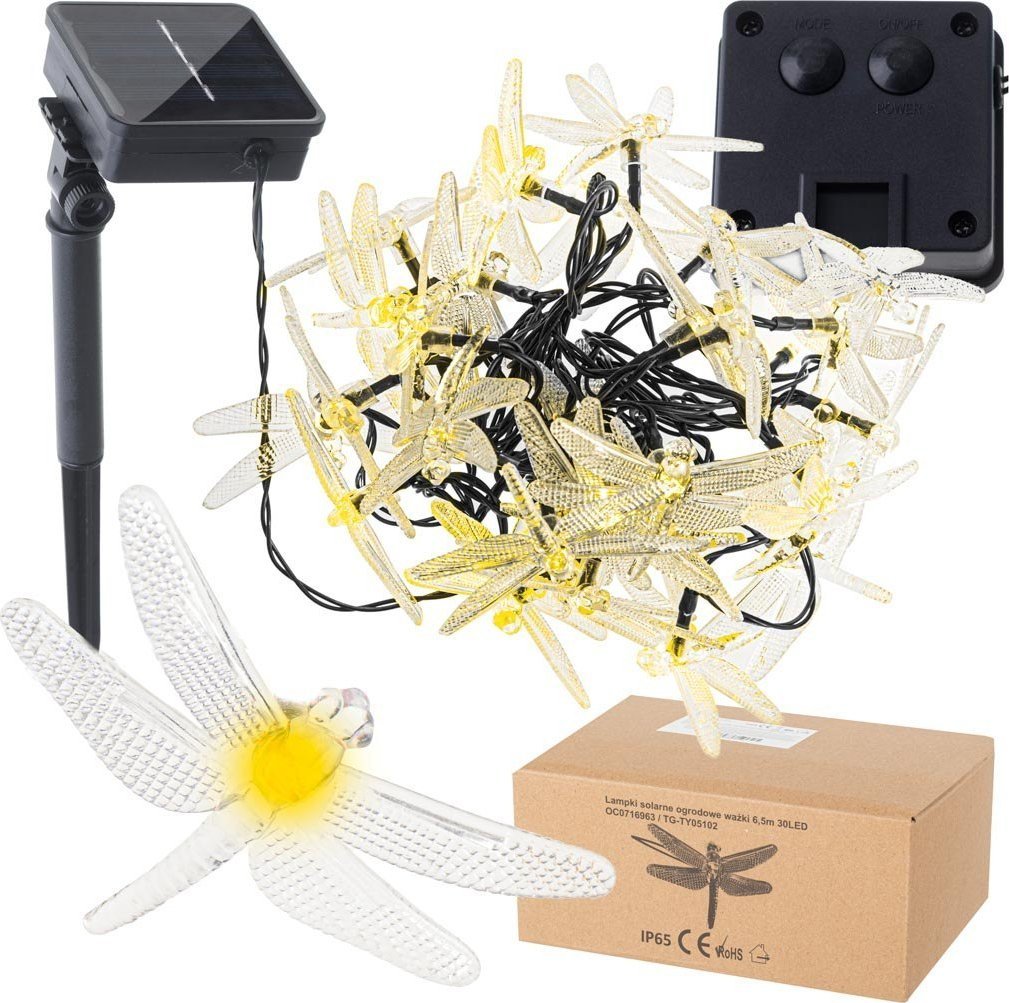 Dekoracja świąteczna Lampki ogrodowe solarne ważki 6,5m 30LED ciepły biały