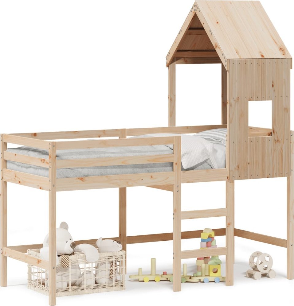 vidaXL Łóżko na antresoli, z drabiną i dachem, 80x200 cm, sosna