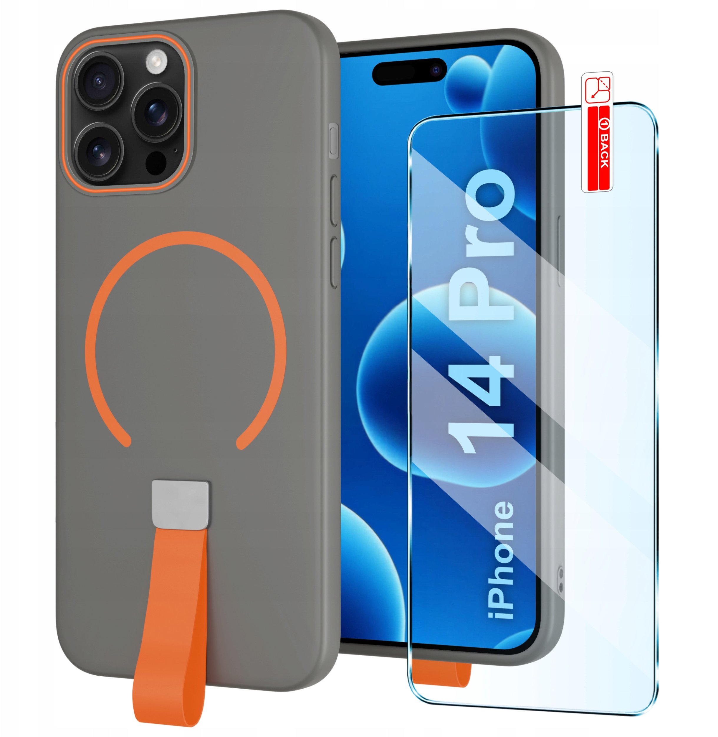 Etui z Paskiem na palec Matowe SZARE do iPhone 14 Pro |do MagSafe +Szkło