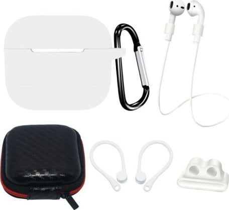 Hurtel Zestaw silikonowe etui AirPods 3 + futerał / zaczep na ucho / pasek na szyję / uchwyt na pasek zegarka / karabińczyk - białe