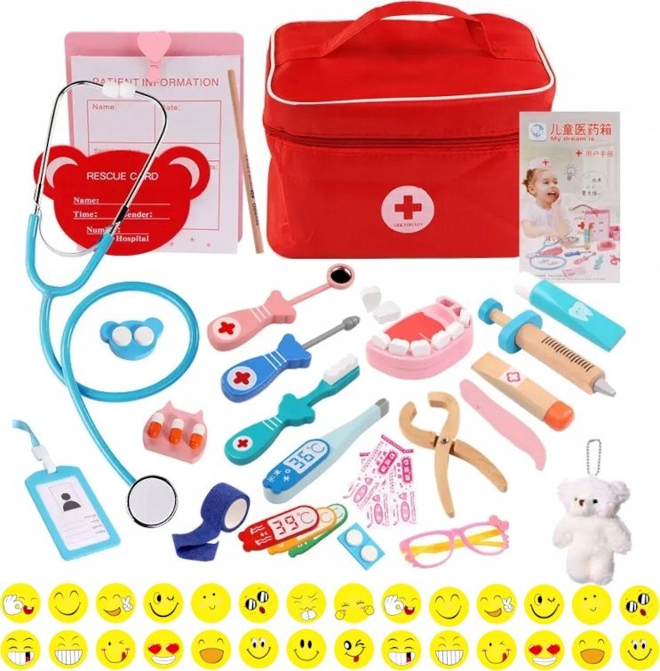 MAŁY DOKTOR DREWNIANY ZESTAW MAŁEGO LEKARZA DENTYSTY DLA DZIECI + naklejki