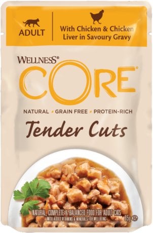 Brit Core Tender Cuts karma mokra dla dorosłych kotów kurczak i wątróbka w sosie 85g saszetka 8szt/DISPLAY