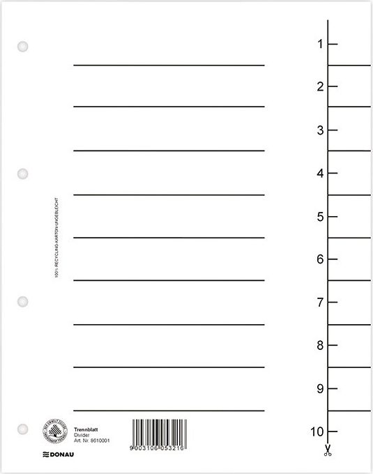 Donau Przekładka DONAU, karton, A4, 235x300mm, 1-10, 1 karta, biała