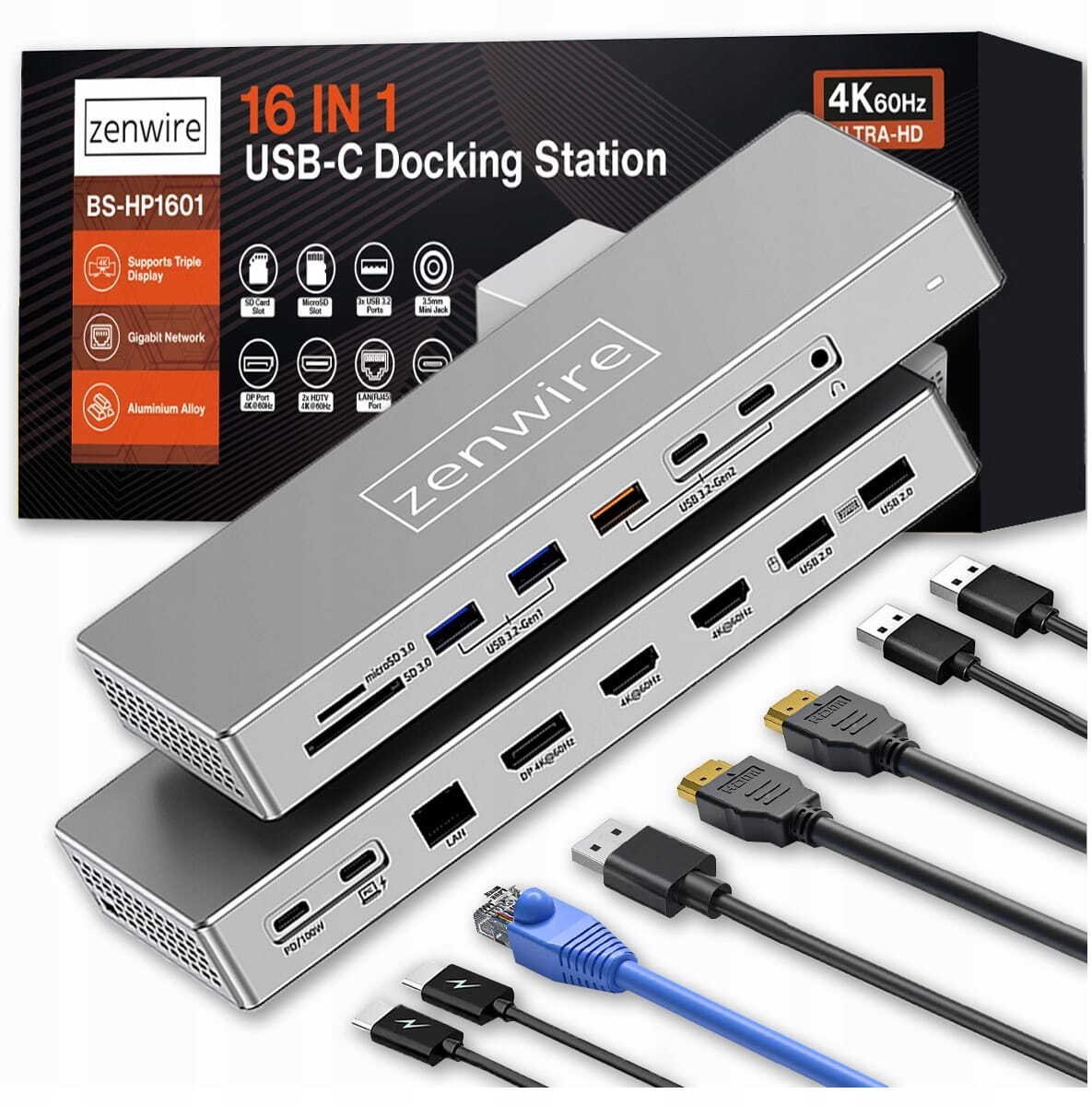 Stacja Dokująca Hub USB-C 16w1 2x HDMI 4K 60Hz Display Port 1.4 USB SD Jack