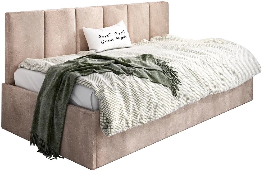 Łóżko młodzieżowe SORA 80x200 beżowe z tapicerowanym panelem i pojemnikiem na pościel MKPOL