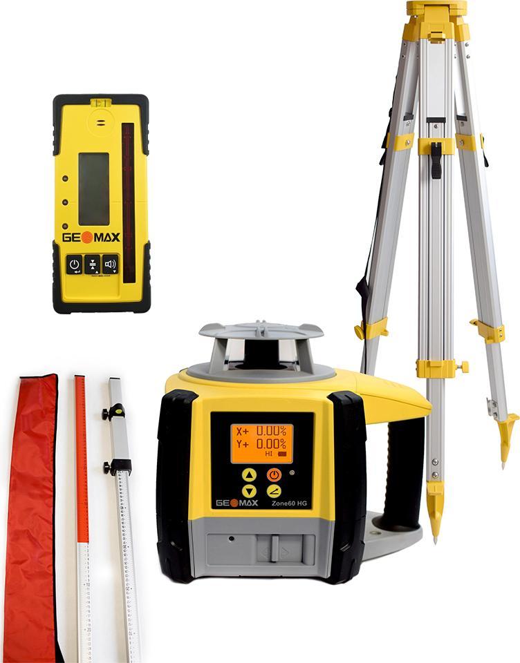 GeoMax Niwelator laserowy GeoMax Zone 60HG z odbiornikiem GeoMax ZRP105 Pro oraz łatą laserową i statywem aluminiowym