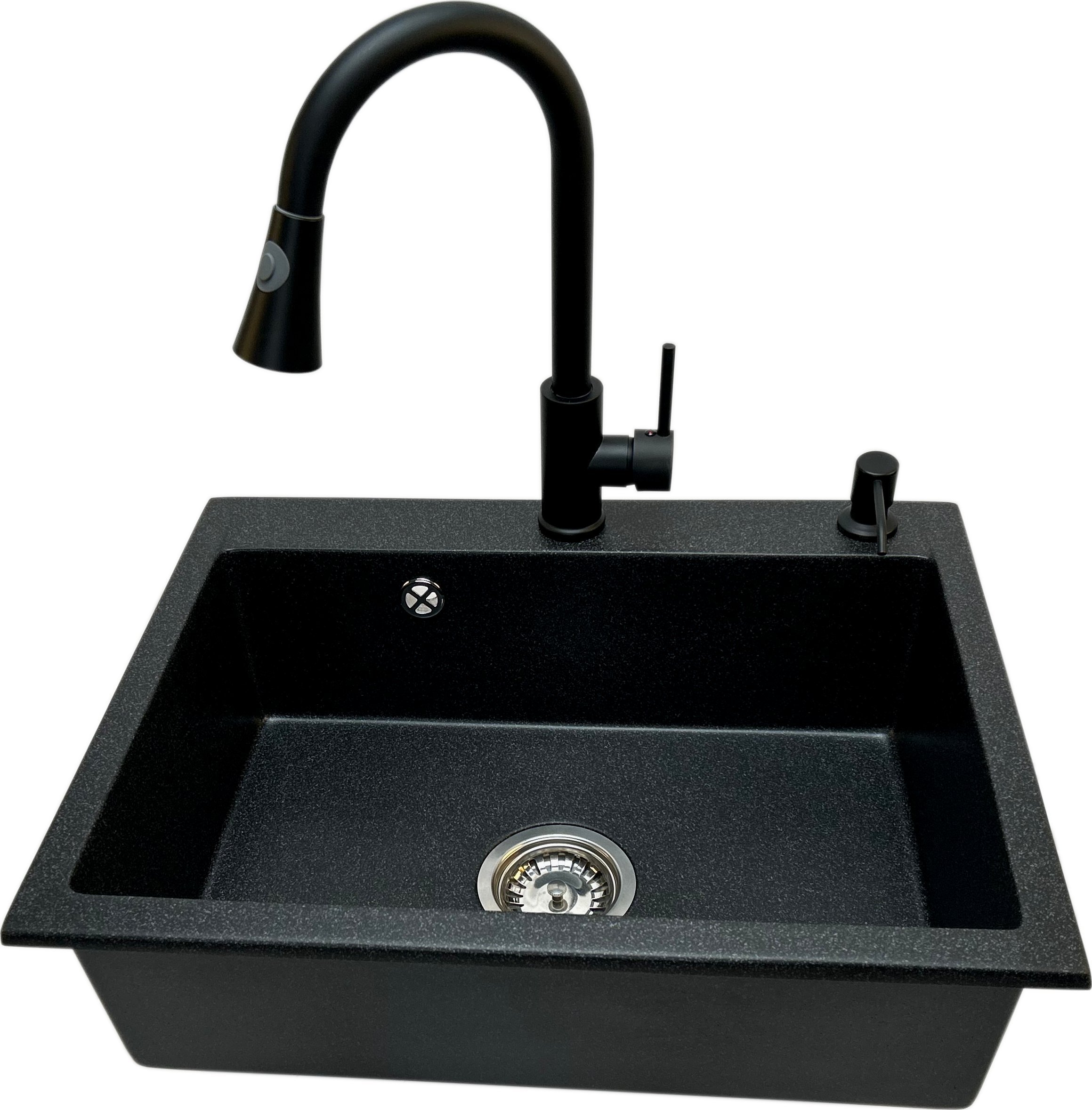 Zlewozmywak PREHNIT Zlewozmywak jednokomorowy ELAN grafit + bateria z wyciąganą wylewką PATELO czarna + doz