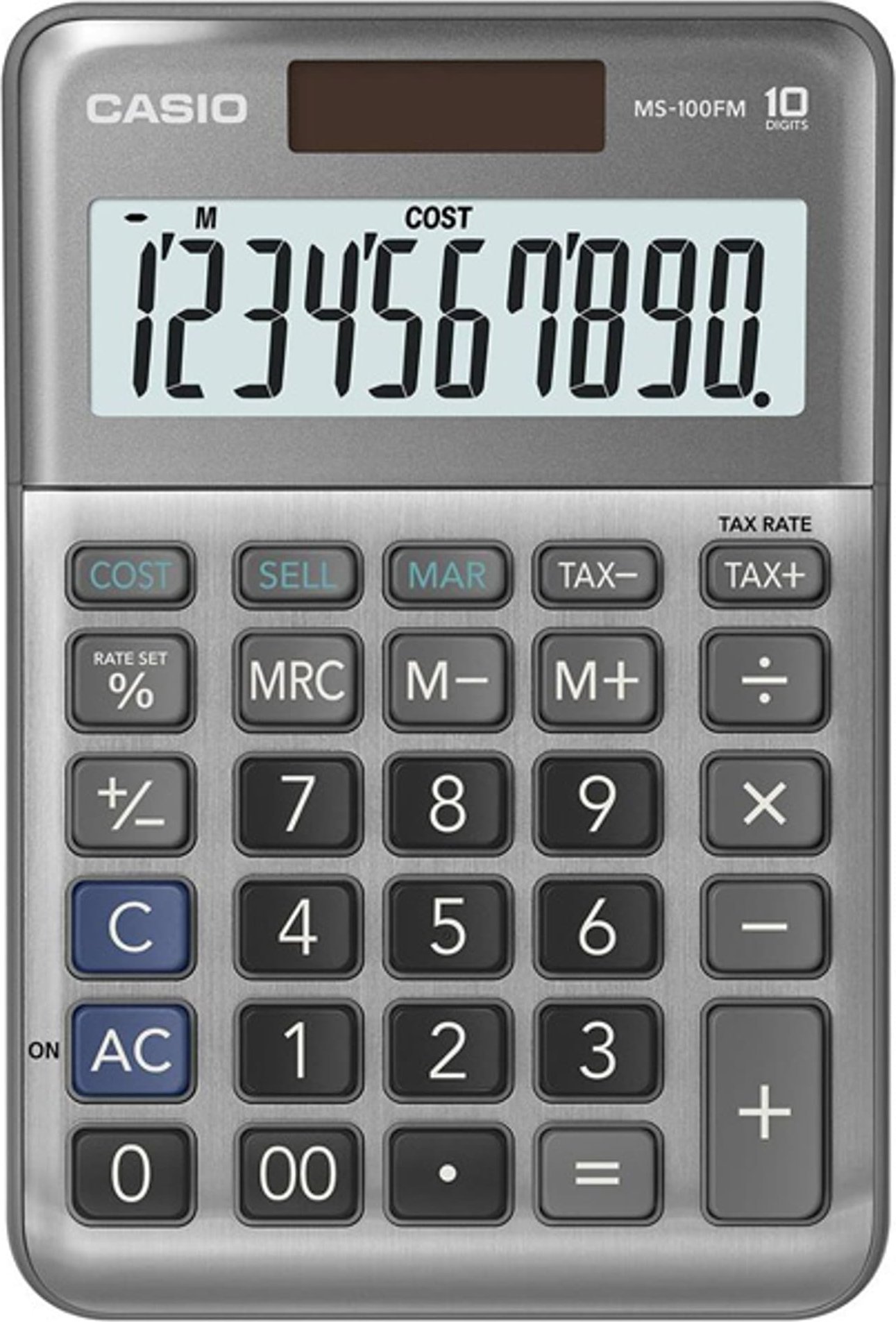 Kalkulator Casio Kalkulator MS 100 FM, srebrna, stołowy, funkcja konwersji walut, %, VAT