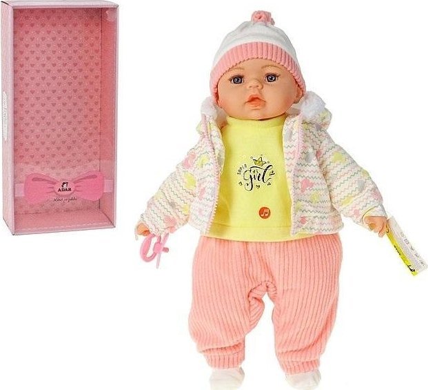 Adar Lalka bobas 45cm w białej kurteczce ze wzorami z dźwiękiem mówi i śpiewa po polsku 565265-571792 w pudełku