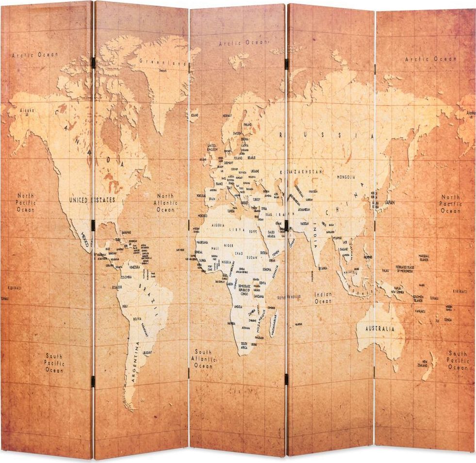 vidaXL Składany parawan, 200x170 cm, mapa świata, żółty