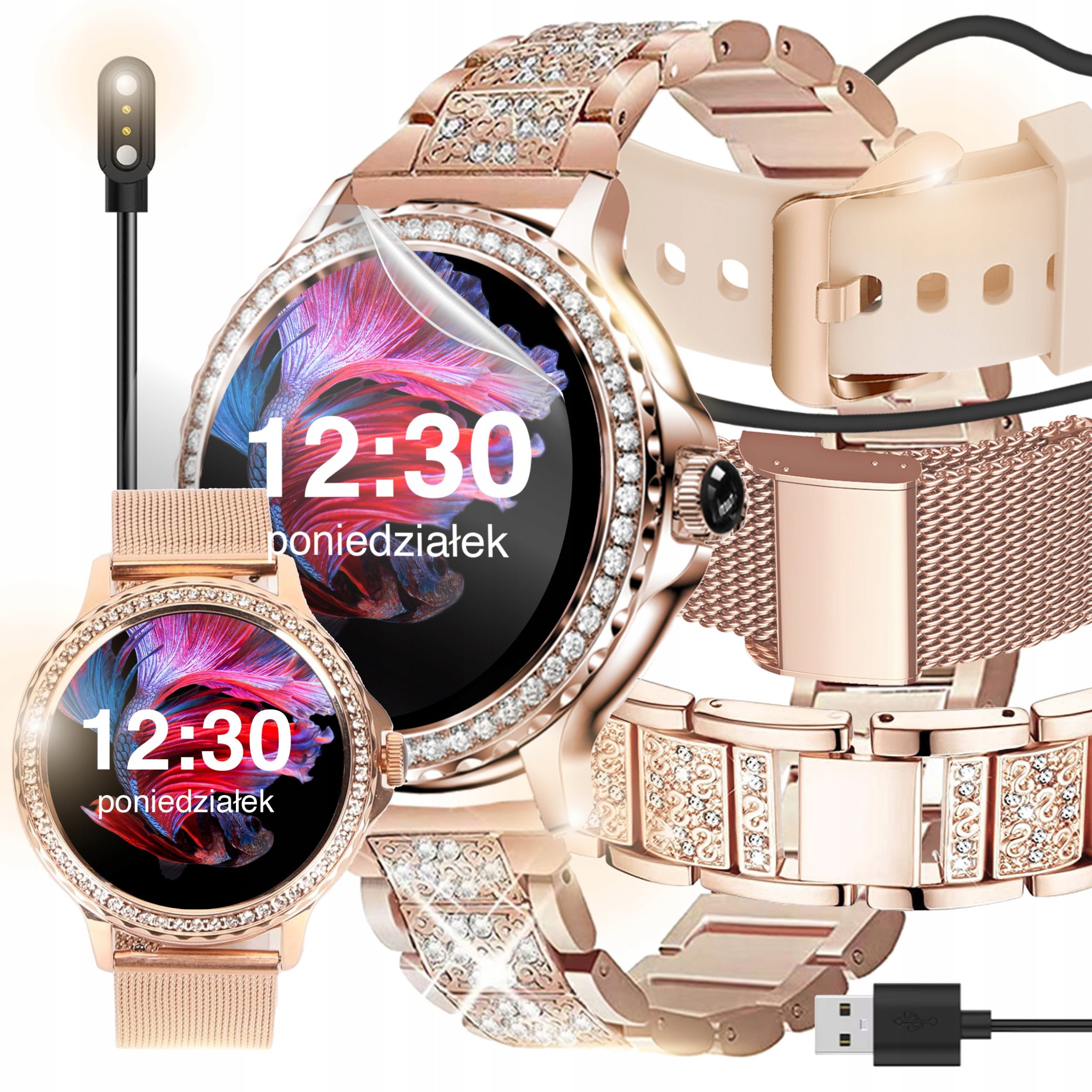 SMARTWATCH ZEGAREK DAMSKI POLSKIE MENU ROZMOWY CIŚNIENIE PULS CYRKONIE