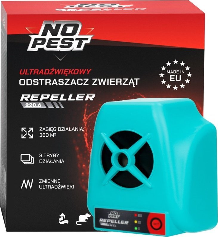 NO PEST Odstraszacz na Kuny 220.6 Ultradźwiękowe Urządzenie do Odstraszania Kun Łasic Myszy Szczurów Gryzoni Psów Kotów