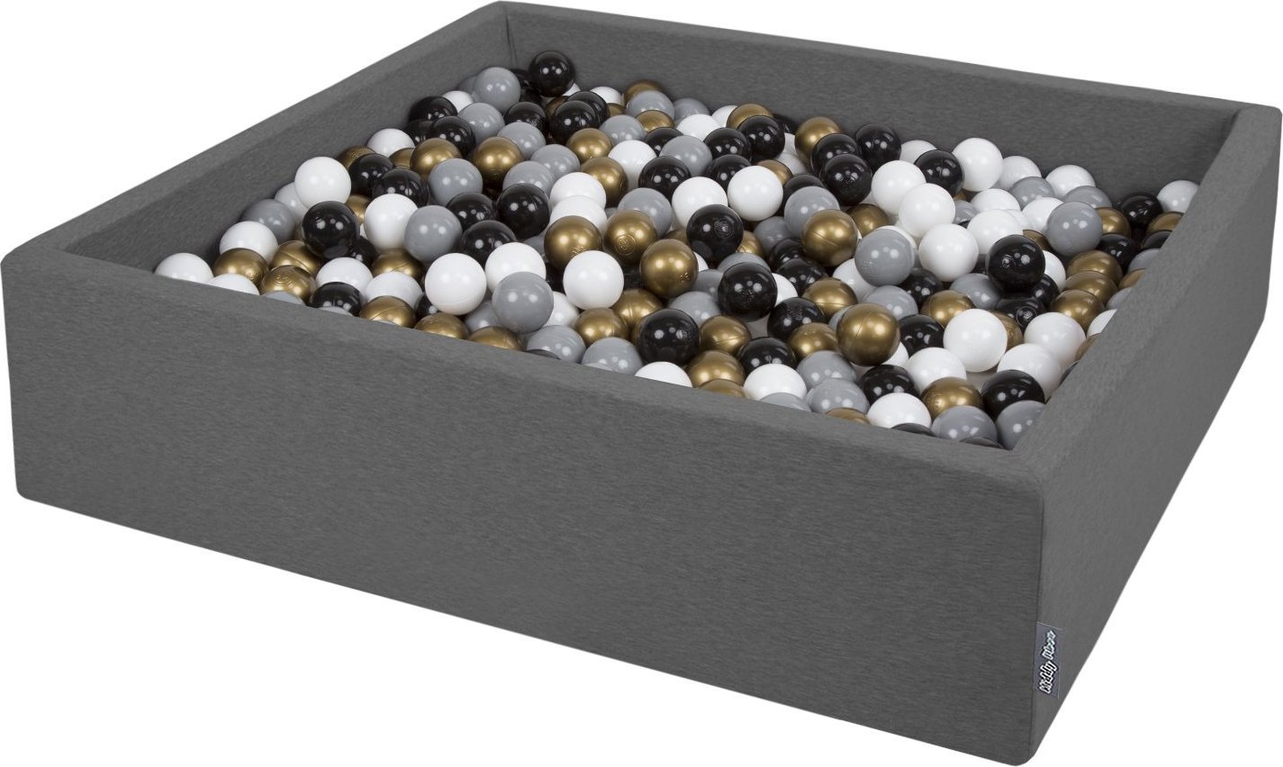 KiddyMoon Suchy basen kwadratowy z piłeczkami 7cm 120x30 ciemnoszary: biały-szary-czarny-złoty 120x30/200piłek Zabawka basen piankowy