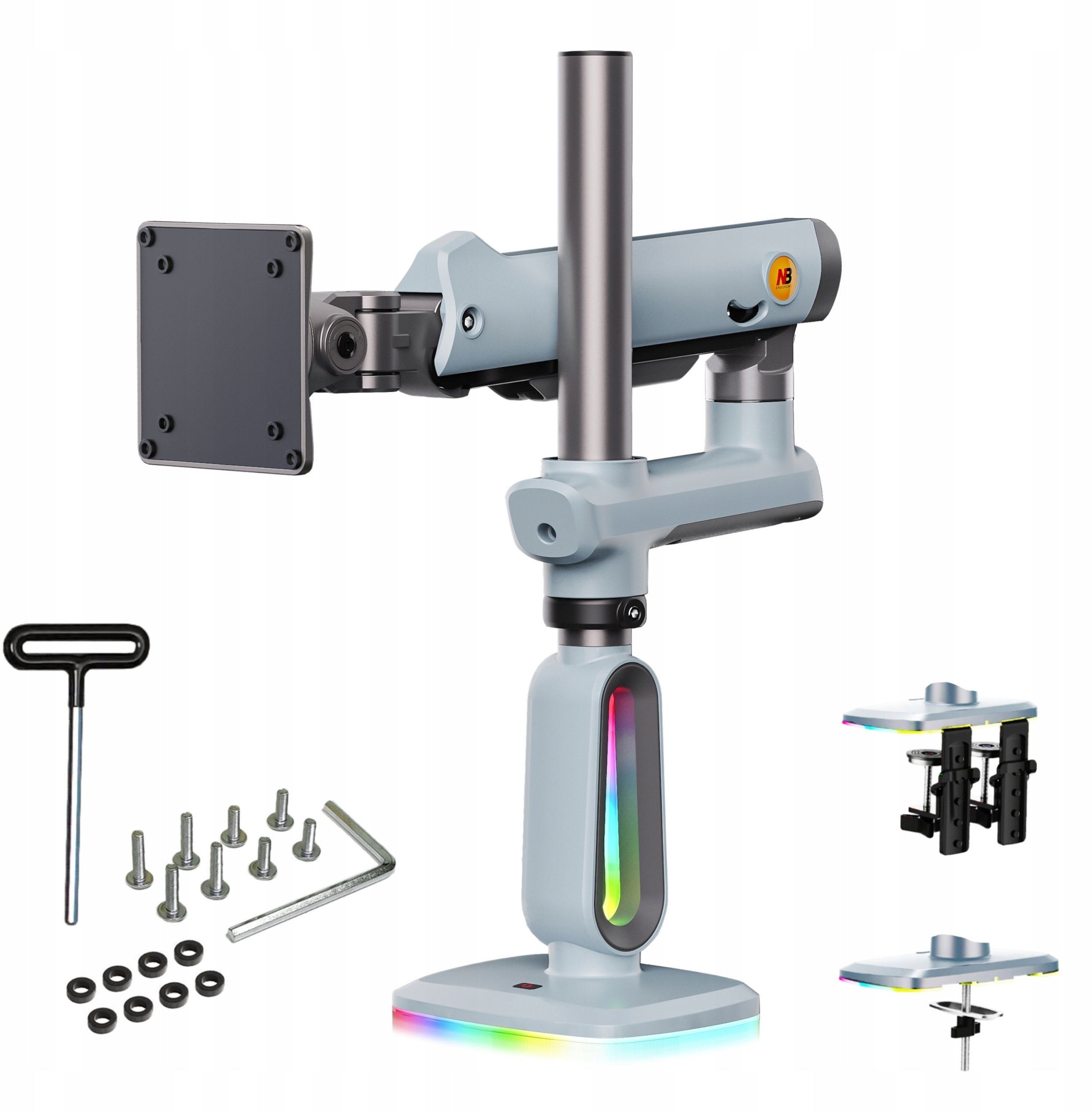 F7-XV Lake Blue Podświetlenie RGB Gamingowy mocny uchwyt biurkowy do dużych monitorów 32-60 cali