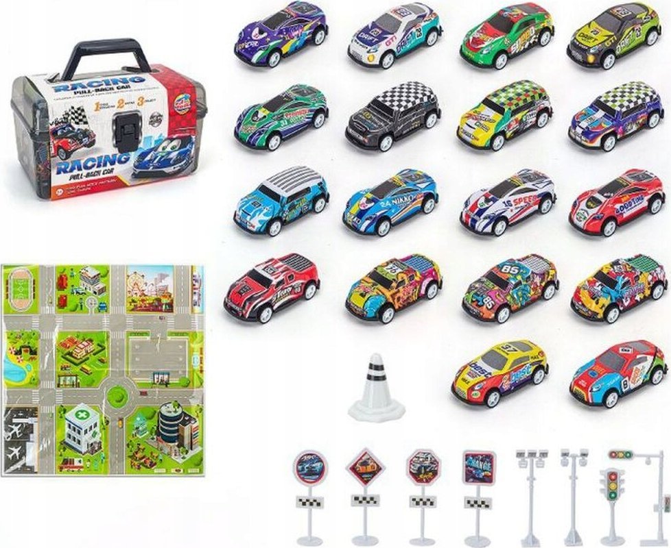 Auta Resoraki 25 Szt. Samochody w kuferku + Podkładka + Akcesoria, Zestaw samochodów wyścigowych