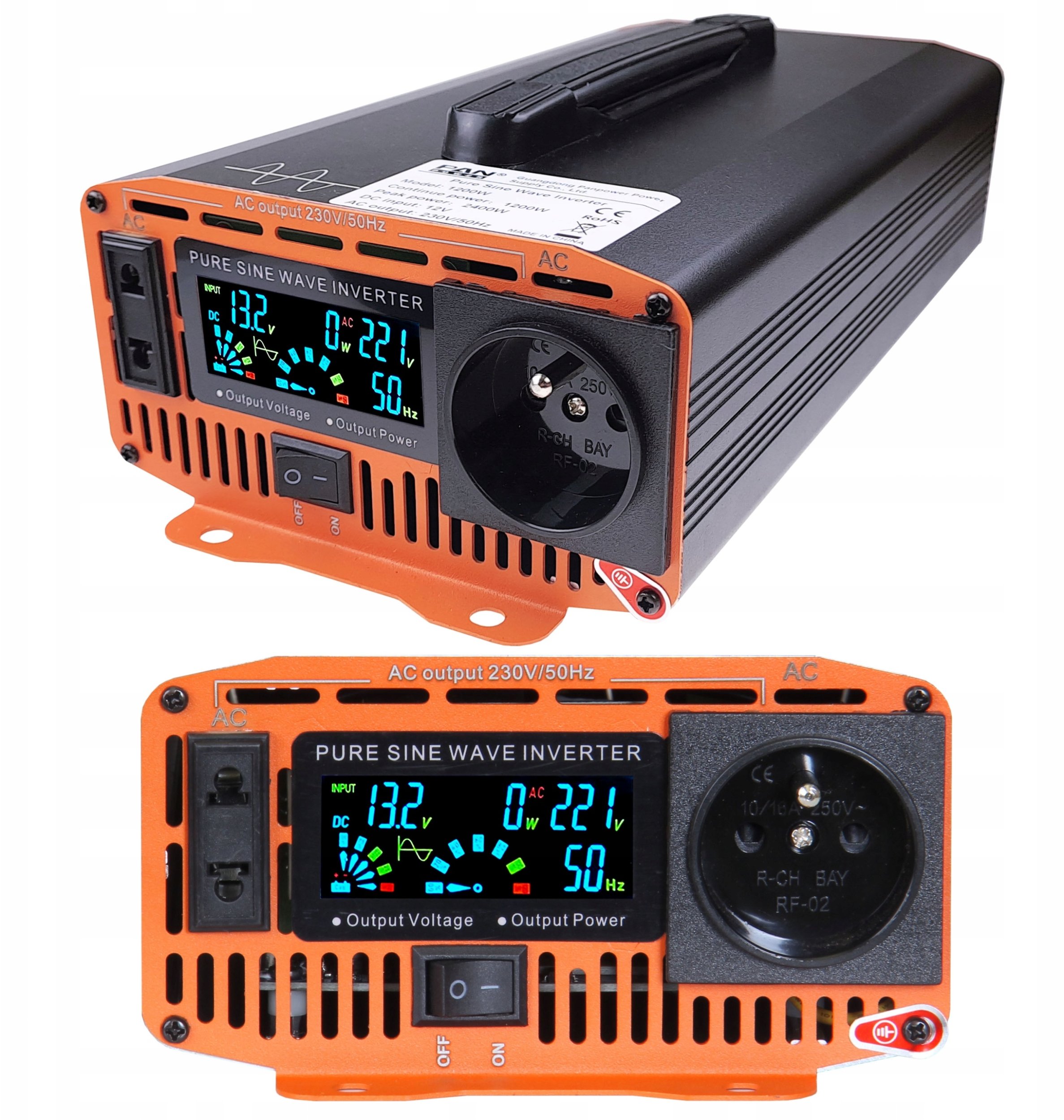 Przetwornica samochodowa 12V/230V 700W czysty sinus, LCD