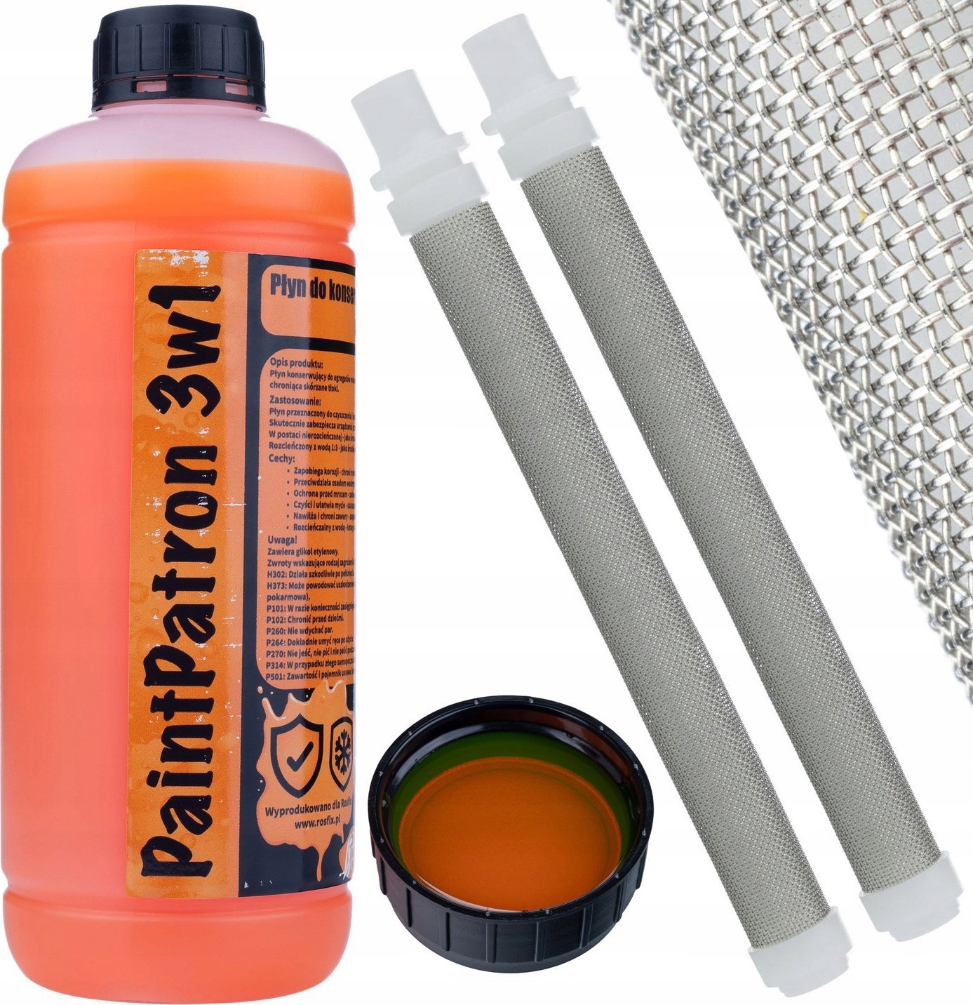 Rosfix Rosfix Płyn konserwująco-czyszczący do agregatu malarskiego Rosfix PaintPatron 3w1 1L + Zestaw 2 szt. Filtr paluszkowy biały 60 mesh do agregat