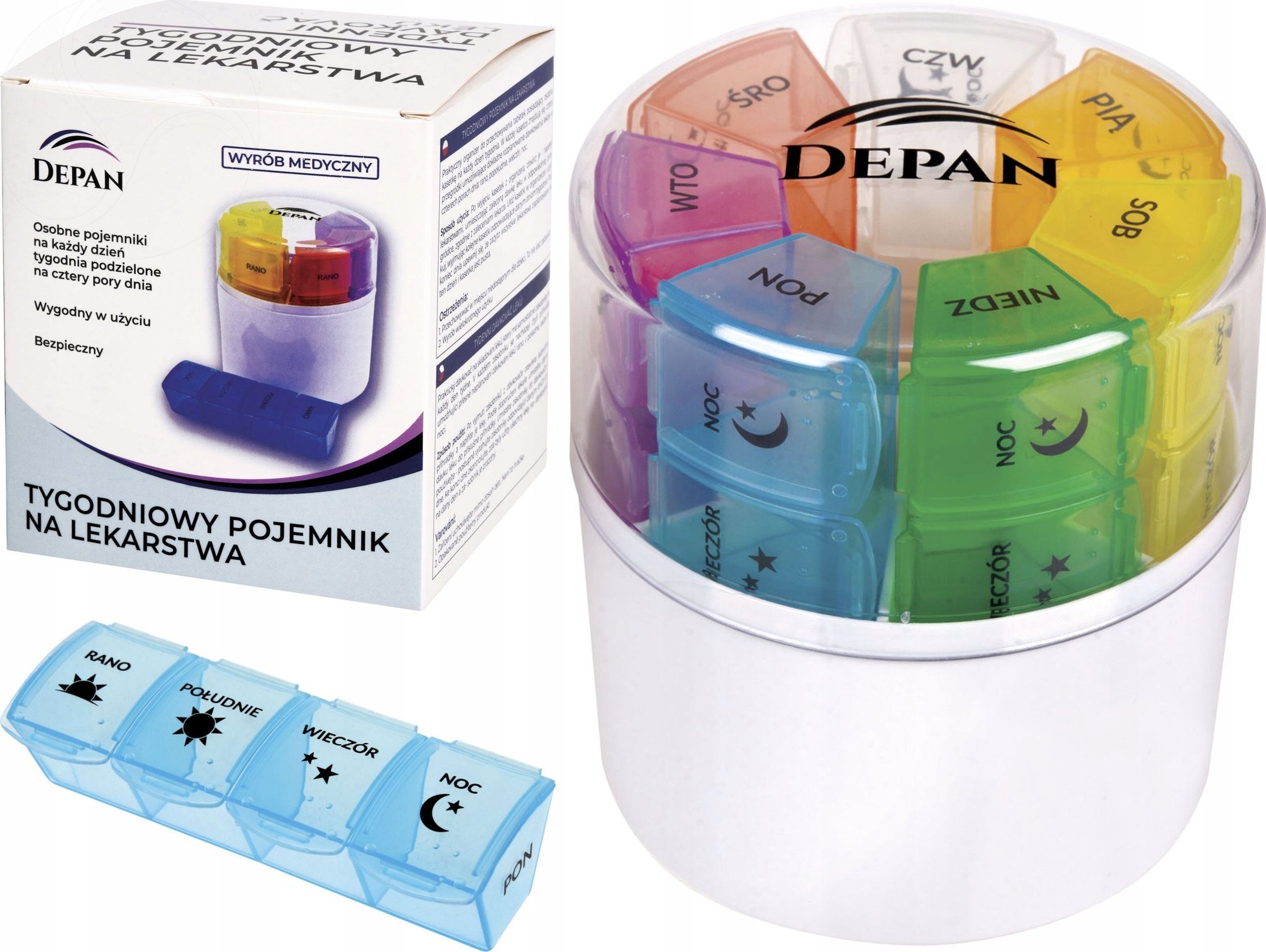 Depan Okrągły tygodniowy pojemnik na lekarstwa 4 pory