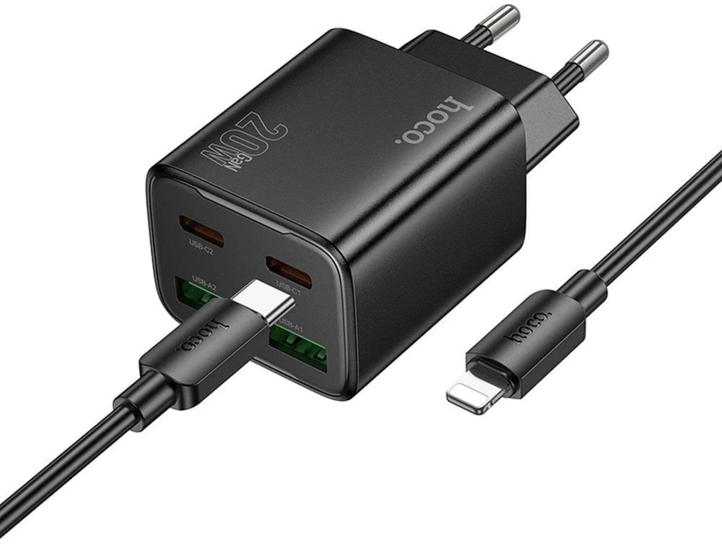 Ładowarka sieciowa do telefonu Hoco 2 x USB C + 2 x USB A QC3.0 PD 3A 20W + kabel USB C do Lightning N55 czarna