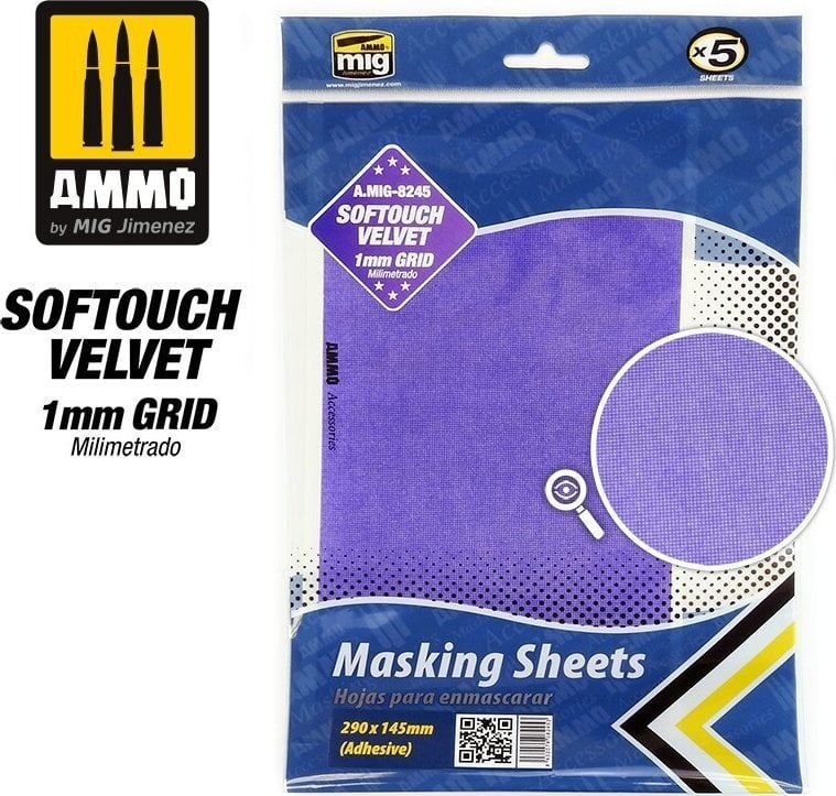 Vallejo Ammo: Softouch Velvet Masking Sheets - 1 mm Grid - Adhesive (290 x 145 mm) (5)