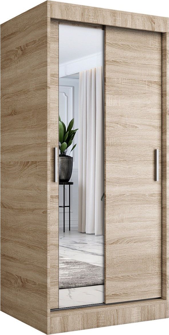 MKPOL Szafa przesuwna MODUO COMFORT 90 dąb sonoma z lustrem po lewej
